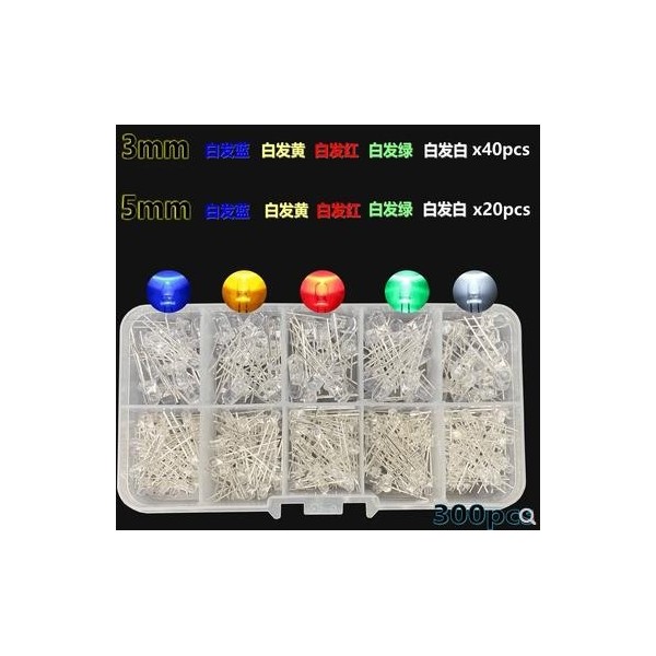 Kit de 300 LED de 5 colores F3/F5 mm (caja de plástico) (1) 3 mm blanco a azul   40 piezas (2) 3 mm