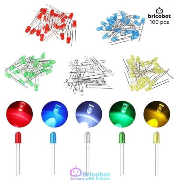 Juego de 100 diodos LED 3mm - Rojo / Verde / Azul / Amarillo / Blanco - Bolsa plástica (20pcs x color)